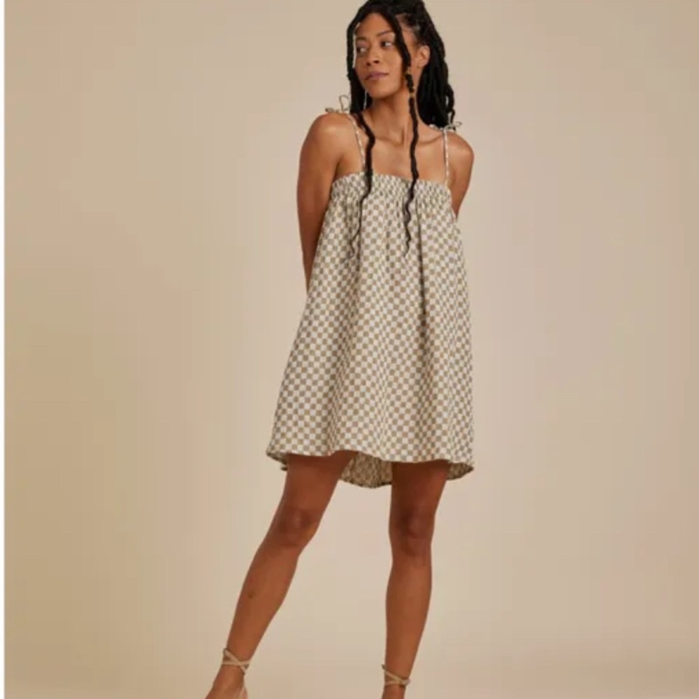 Rylee + Cru Sahara Check Dress Linen Cotton Blend Mini Dress Sz M